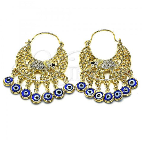 Oro Laminado Long Earring, Gold Filled Style Elephant and Evil Eye Design, with White and Black Crystal, Blue Resin Finish, Golden Finish, 02.380.0103.1