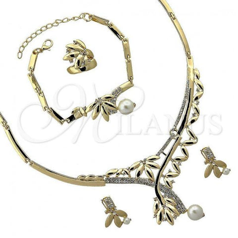 Oro Laminado Necklace, Bracelet, Earring and Ring, Gold Filled Style Leaf Design, with  Crystal, Golden Finish, 06.191.0058