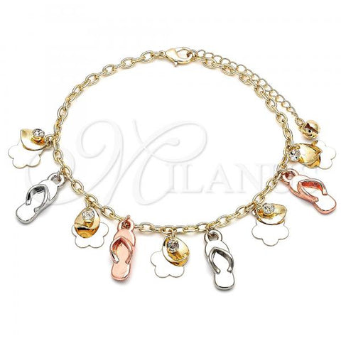 Oro Laminado Charm Anklet , Gold Filled Style Shoes and Flower Design, with White Crystal, Polished, Tricolor, 03.331.0114.10