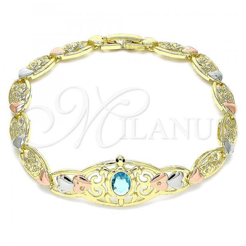 Oro Laminado Fancy Bracelet, Gold Filled Style Turtle and Heart Design, with Blue Topaz and Black Cubic Zirconia, Polished, Tricolor, 03.380.0104.07