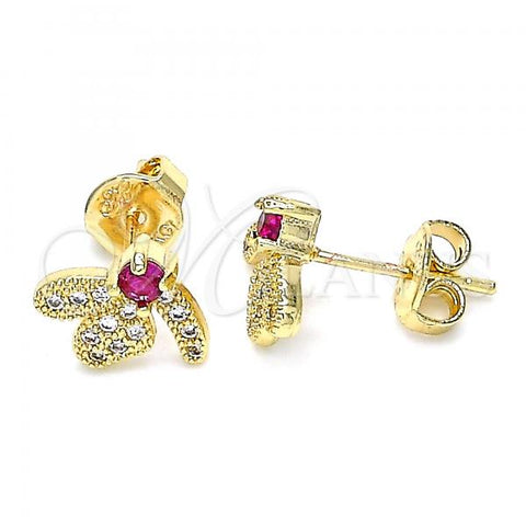 Oro Laminado Stud Earring, Gold Filled Style Dragon-Fly Design, with Ruby Cubic Zirconia and White Micro Pave, Polished, Golden Finish, 02.199.0028.2