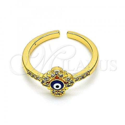 Oro Laminado Multi Stone Ring, Gold Filled Style Evil Eye and Flower Design, with White Micro Pave, Blue Enamel Finish, Golden Finish, 01.310.0017