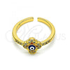 Oro Laminado Multi Stone Ring, Gold Filled Style Evil Eye and Flower Design, with White Micro Pave, Blue Enamel Finish, Golden Finish, 01.310.0017