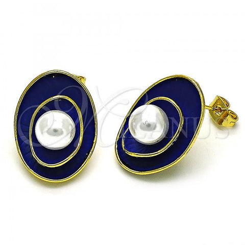 Oro Laminado Stud Earring, Gold Filled Style with Ivory Pearl, Blue Enamel Finish, Golden Finish, 02.379.0026