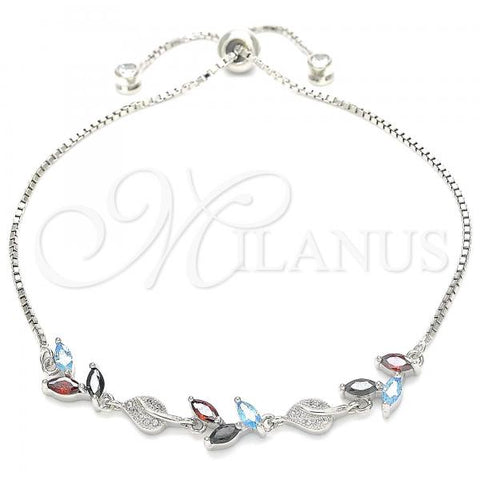 Sterling Silver Fancy Bracelet, Leaf Design, with Multicolor Cubic Zirconia and White Micro Pave, Polished, Rhodium Finish, 03.175.0005.11