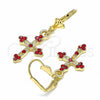 Oro Laminado Dangle Earring, Gold Filled Style Cross Design, with Garnet Crystal, Polished, Golden Finish, 02.351.0036.1