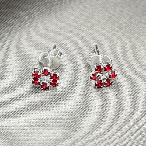 Sterling Silver Stud Earring, Flower Design, with Garnet Crystal, Polished, Silver Finish, 02.406.0015.02