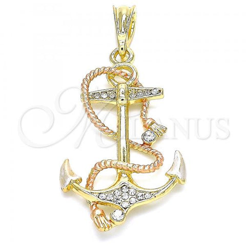 Oro Laminado Fancy Pendant, Gold Filled Style Anchor and Twist Design, with White Crystal, Polished, Tricolor, 05.380.0096