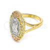 Oro Laminado Elegant Ring, Gold Filled Style Guadalupe and Flower Design, Polished, Tricolor, 01.380.0012.09