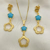 Oro Laminado Earring and Pendant Adult Set, Gold Filled Style Flower and Box Design, with Aquamarine Opal, Resin Finish, Golden Finish, 10.58.0025.1