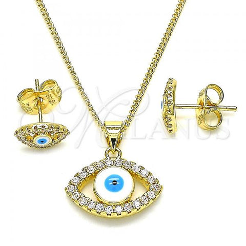Oro Laminado Earring and Pendant Adult Set, Gold Filled Style Evil Eye Design, with White Micro Pave, White Enamel Finish, Golden Finish, 10.156.0385
