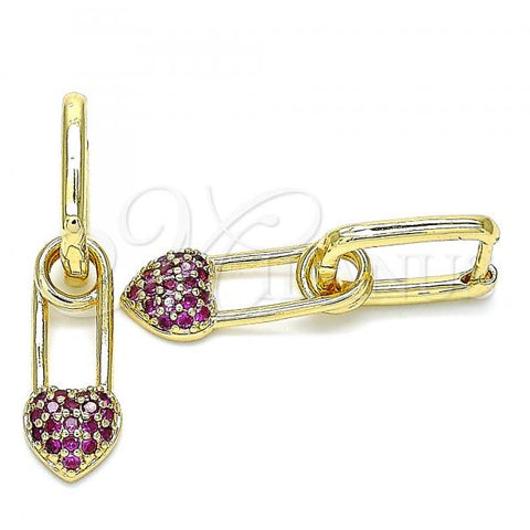 Oro Laminado Huggie Hoop, Gold Filled Style Paperclip and Heart Design, with Ruby Cubic Zirconia, Polished, Golden Finish, 02.210.0488.1.12