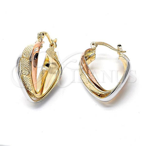 Oro Laminado Medium Hoop, Gold Filled Style Heart Design, Diamond Cutting Finish, Tricolor, 5.155.026