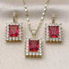 Oro Laminado Earring and Pendant Adult Set, Gold Filled Style Cluster Design, with Ruby and White Cubic Zirconia, Polished, Golden Finish, 10.196.0193.1