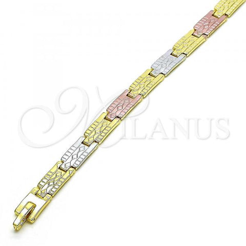 Oro Laminado Solid Bracelet, Gold Filled Style Diamond Cutting Finish, Tricolor, 03.102.0065.08