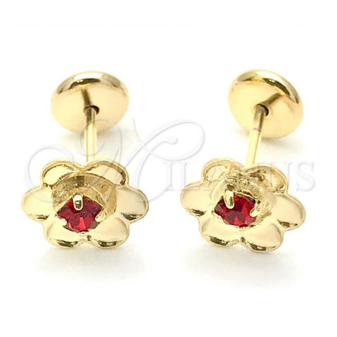 Oro Laminado Stud Earring, Gold Filled Style Flower Design, with Garnet Cubic Zirconia, Polished, Golden Finish, 02.09.0201