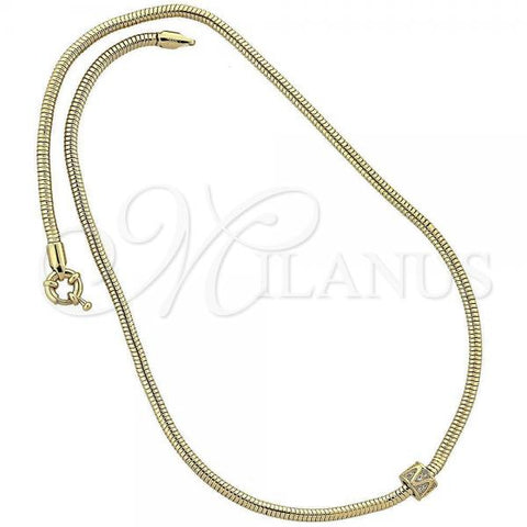 Oro Laminado Pendant Necklace, Gold Filled Style Rat Tail Design, with White Micro Pave, Polished, Golden Finish, 04.63.0004