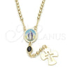 Oro Laminado Thin Rosary, Gold Filled Style Medalla Milagrosa and Cross Design, with Black Azavache, Polished, Golden Finish, 09.02.0032.18
