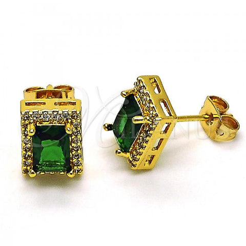 Oro Laminado Stud Earring, Gold Filled Style with Green Cubic Zirconia and White Micro Pave, Polished, Golden Finish, 02.342.0206