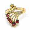 Oro Laminado Multi Stone Ring, Gold Filled Style Peacock Design, with Garnet and White Cubic Zirconia, Polished, Golden Finish, 01.365.0004.07 (Size 7)