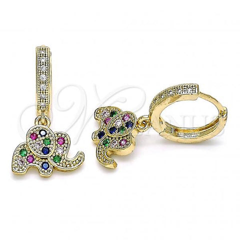 Oro Laminado Huggie Hoop, Gold Filled Style Elephant Design, with Multicolor Micro Pave, Polished, Golden Finish, 02.316.0073.1.15