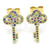 Oro Laminado Stud Earring, Gold Filled Style key Design, with Multicolor Micro Pave, Polished, Golden Finish, 02.344.0062.2