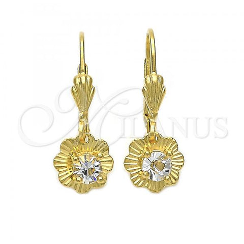 Oro Laminado Dangle Earring, Gold Filled Style Flower Design, with White Cubic Zirconia, Diamond Cutting Finish, Golden Finish, 5.090.010