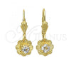 Oro Laminado Dangle Earring, Gold Filled Style Flower Design, with White Cubic Zirconia, Diamond Cutting Finish, Golden Finish, 5.090.010