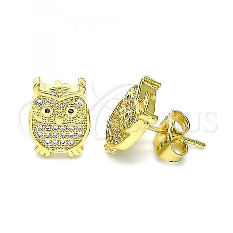 Oro Laminado Stud Earring, Gold Filled Style Owl Design, with Ruby and White Micro Pave, Polished, Golden Finish, 02.156.0600