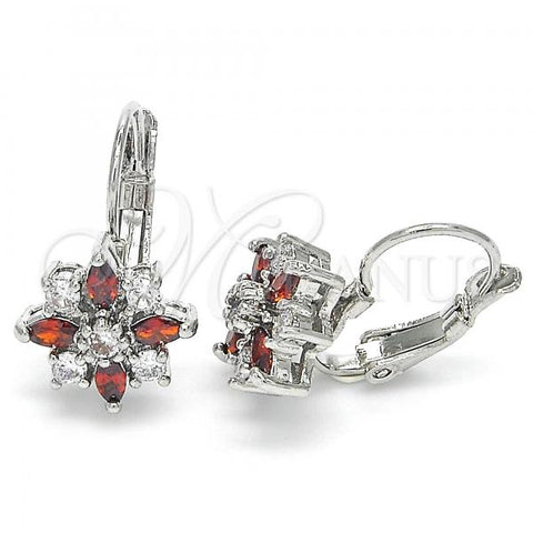 Rhodium Plated Leverback Earring, Flower Design, with Garnet and White Cubic Zirconia, Polished, Rhodium Finish, 02.210.0226.5