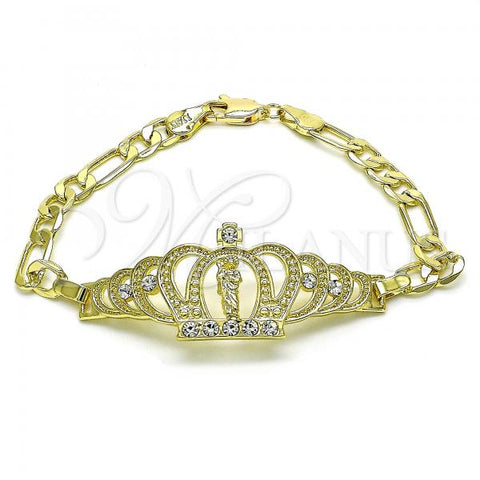 Oro Laminado Fancy Bracelet, Gold Filled Style San Judas and Figaro Design, with White Crystal, Polished, Golden Finish, 03.253.0077.07