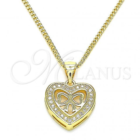 Oro Laminado Pendant Necklace, Gold Filled Style Heart and Bow Design, with White Micro Pave, Polished, Golden Finish, 04.156.0462.20