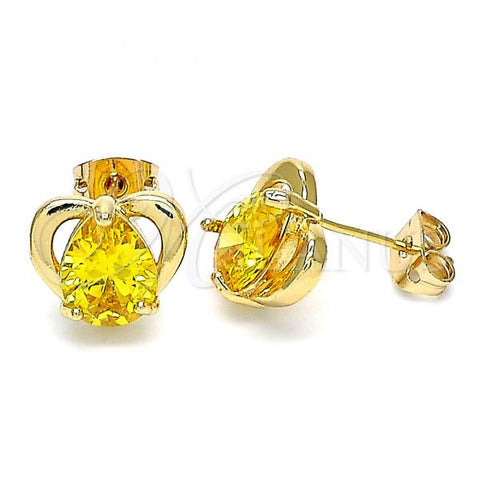 Oro Laminado Stud Earring, Gold Filled Style Heart and Teardrop Design, with Yellow Cubic Zirconia, Polished, Golden Finish, 02.213.0231