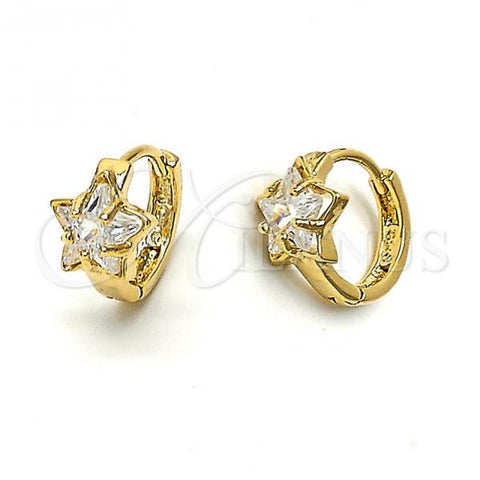Oro Laminado Huggie Hoop, Gold Filled Style Star Design, with White Cubic Zirconia, Polished, Golden Finish, 5.130.021
