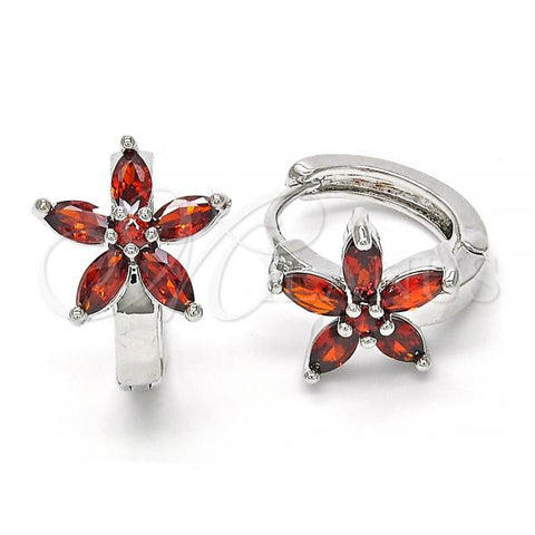 Oro Laminado Huggie Hoop, Gold Filled Style Flower Design, with Garnet Cubic Zirconia, Polished, Rhodium Finish, 02.316.0005.1.15