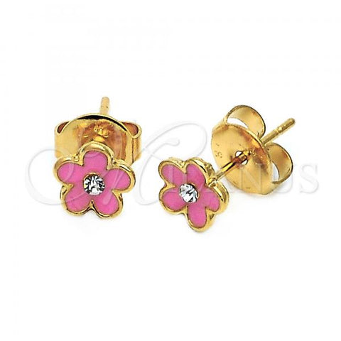 Oro Laminado Stud Earring, Gold Filled Style Flower Design, with White Crystal, Pink Enamel Finish, Golden Finish, 02.64.0335 *PROMO*