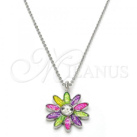 Rhodium Plated Pendant Necklace, Flower Design, with White Crystal, Multicolor Enamel Finish, Rhodium Finish, 04.213.0040.16