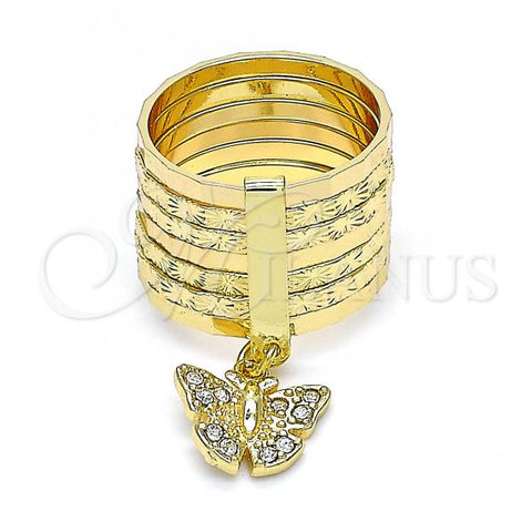 Oro Laminado Multi Stone Ring, Gold Filled Style Semanario and Butterfly Design, with White Crystal, Diamond Cutting Finish, Golden Finish, 01.253.0035.1.08 (Size 8)