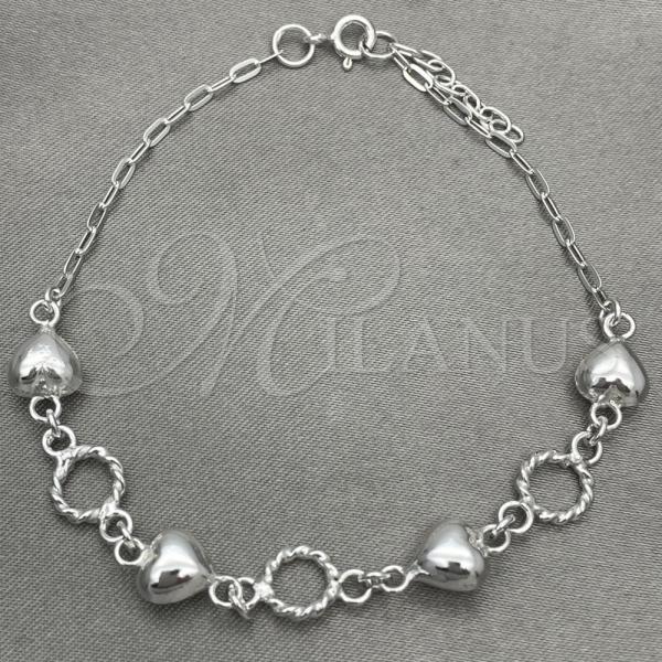 Sterling Silver Fancy Bracelet, Heart Design, Polished, Silver Finish, 03.407.0002.07