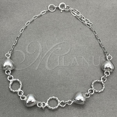 Sterling Silver Fancy Bracelet, Heart Design, Polished, Silver Finish, 03.407.0002.07