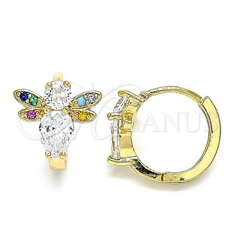 Oro Laminado Huggie Hoop, Gold Filled Style Bee Design, with White Cubic Zirconia and Multicolor Micro Pave, Polished, Golden Finish, 02.210.0622.15