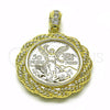 Oro Laminado Religious Pendant, Gold Filled Style Centenario Coin Design, with White Cubic Zirconia, Polished, Golden Finish, 05.213.0137