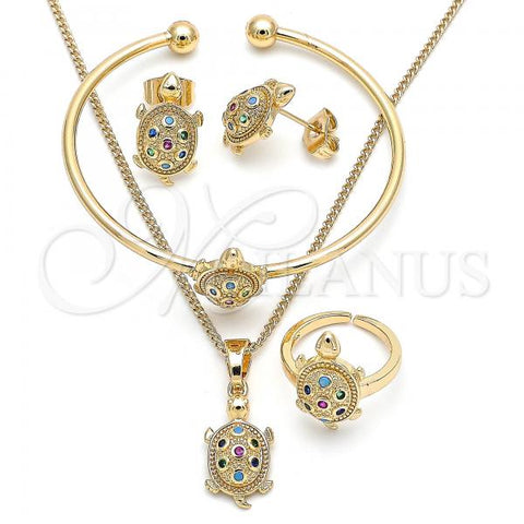 Oro Laminado Earring and Pendant Children Set, Gold Filled Style Turtle Design, with Multicolor Micro Pave, Polished, Golden Finish, 06.210.0025.1