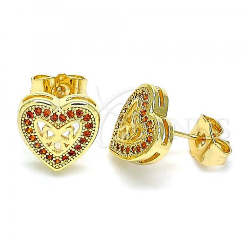 Oro Laminado Stud Earring, Gold Filled Style Heart and Bow Design, with Garnet Micro Pave, Polished, Golden Finish, 02.156.0298.1