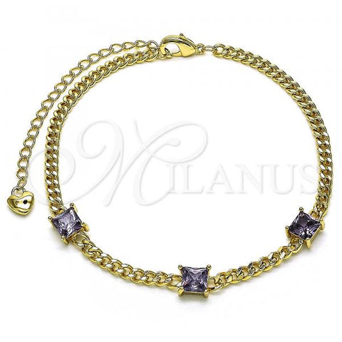 Oro Laminado Fancy Bracelet, Gold Filled Style Miami Cuban Design, with Amethyst Cubic Zirconia, Polished, Golden Finish, 03.213.0163.1.07