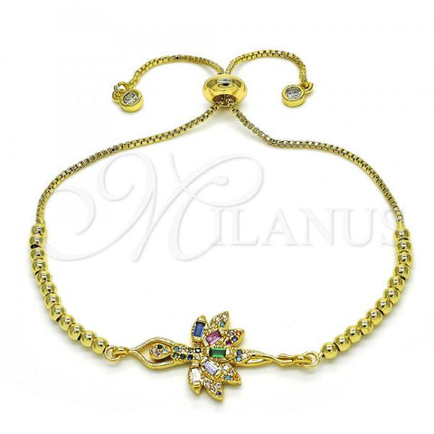 Oro Laminado Adjustable Bolo Bracelet, Gold Filled Style with Multicolor Cubic Zirconia and Multicolor Micro Pave, Polished, Golden Finish, 03.362.0012.11