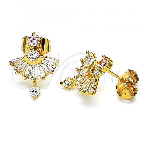 Oro Laminado Stud Earring, Gold Filled Style with Pink and White Cubic Zirconia, Polished, Golden Finish, 02.387.0094.3
