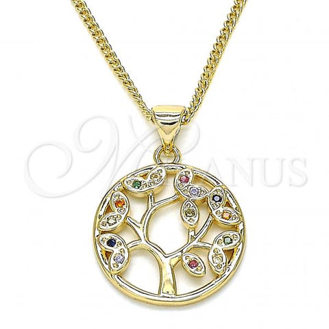 Oro Laminado Pendant Necklace, Gold Filled Style Tree Design, with Multicolor Micro Pave, Polished, Golden Finish, 04.156.0313.1.20