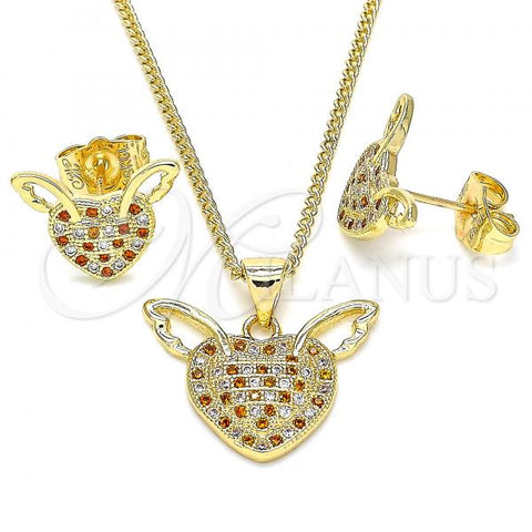 Oro Laminado Earring and Pendant Adult Set, Gold Filled Style Heart Design, with Garnet and White Micro Pave, Polished, Golden Finish, 10.156.0318.1
