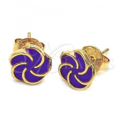 Oro Laminado Stud Earring, Gold Filled Style Flower Design, Purple Enamel Finish, Golden Finish, 02.64.0342 *PROMO*